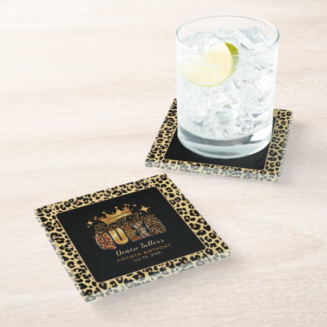 Fun Leopard Birthday Queen Fifty Birthday Glass Coaster (Angled)