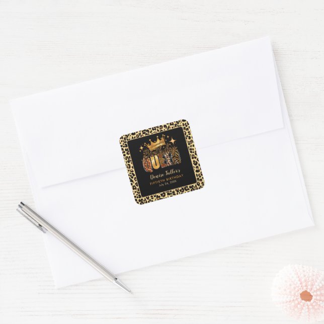Fun Leopard Birthday Queen Fifty Birthday Square Sticker (Envelope)