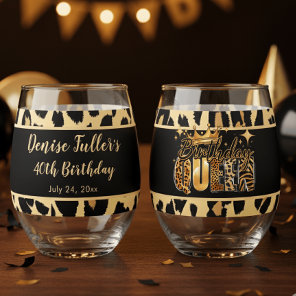 Fun Leopard Birthday Queen Forty Birthday Stemless Wine Glass