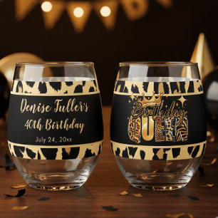 Fun Leopard Birthday Queen Forty Birthday Stemless Wine Glass