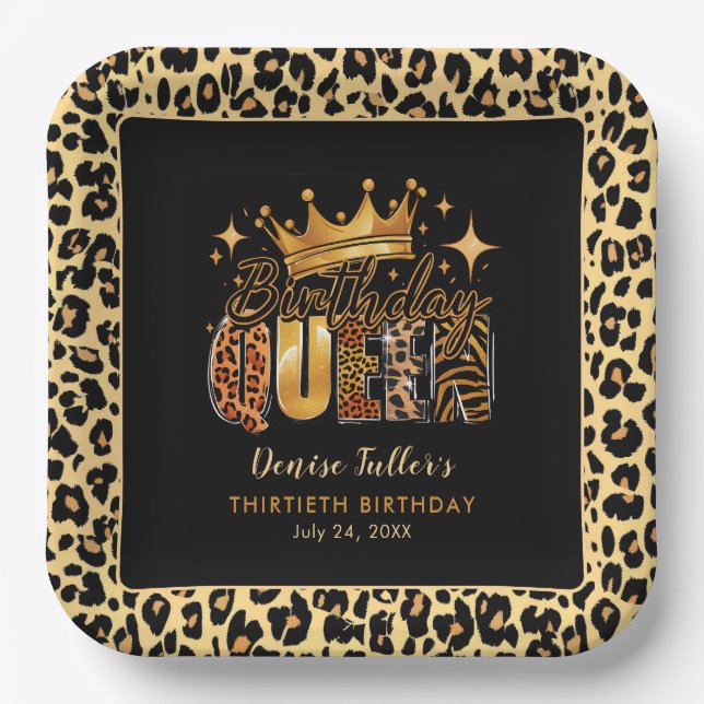 Fun Leopard Birthday Queen Thirty Birthday Paper Plates (Front)