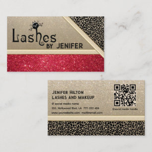 Fun leopard glittery black cat lashes QR code Business Card