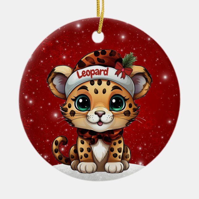 Fun Leopard Red Sparkle Animal Print Lover 🐆🐈🐾 Ceramic Ornament (Front)