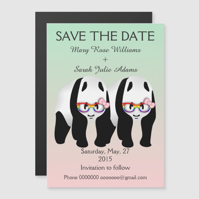 Fun Lesbian Panda Bears Wedding Save The Date Magnetic Invitation (Front/Back)