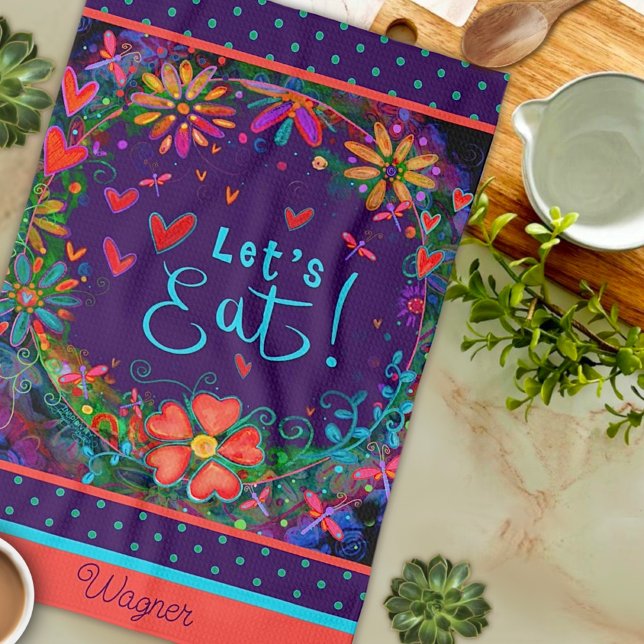 Fun Let’s Eat Quote Floral Heart Name Kitchen Kitchen Towel (Creator Uploaded)