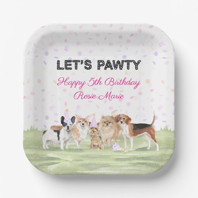 Fun Let's Pawty Pink Custom Dog Birthday Party Paper Plates (Front)
