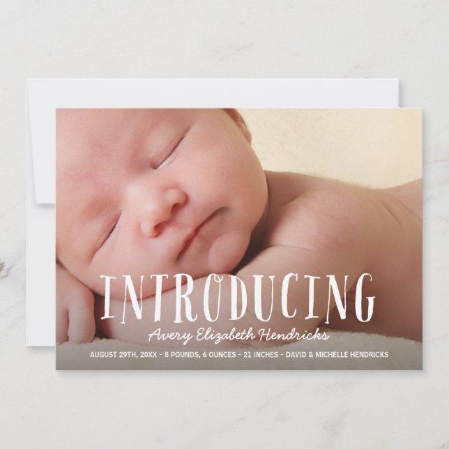 Fun Lettering Overlay Photo Birth Announcement (Front)