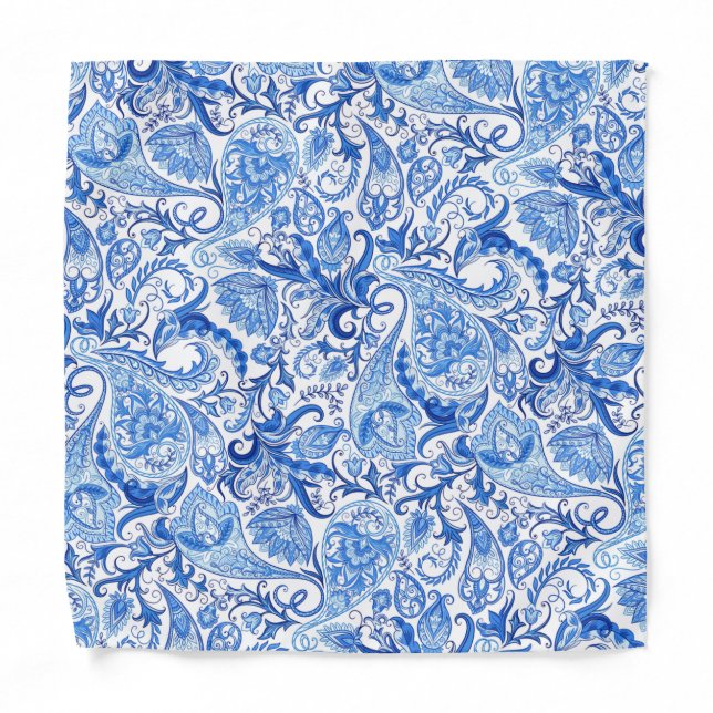 Fun Light And Dark Blue White Floral Paisley Art Bandana (Front)
