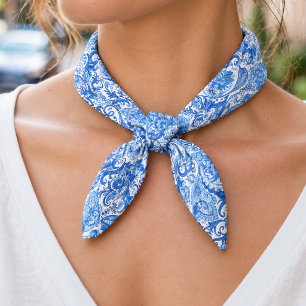 Fun Light And Dark Blue White Floral Paisley Art Bandana
