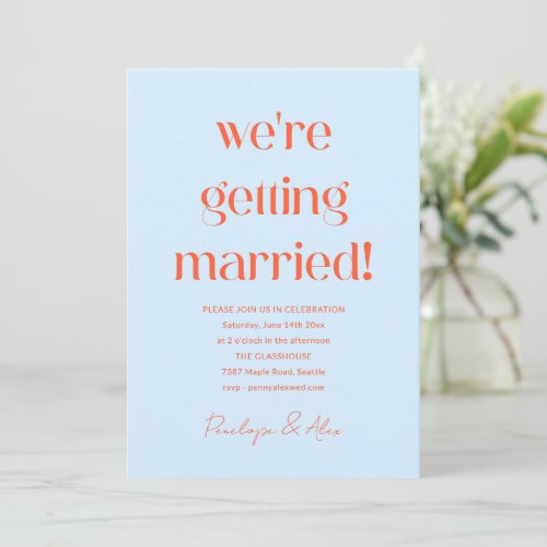 Fun Light Blue Persimmon Orange Bold Wedding Invitation
