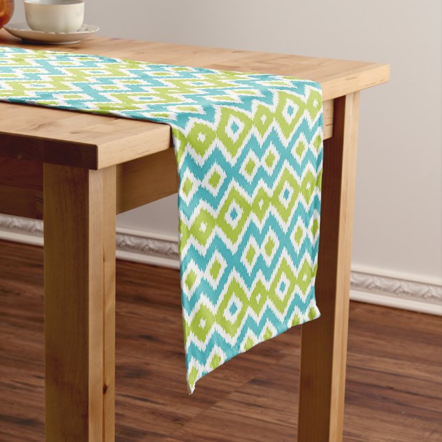 Fun Lime Green Aqua Blue Ikat Art Medium Table Runner (In Situ)