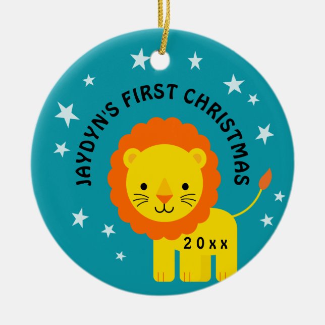 Fun Lion Baby's 1st First Christmas Gift Circle Ceramic Ornament (Front)