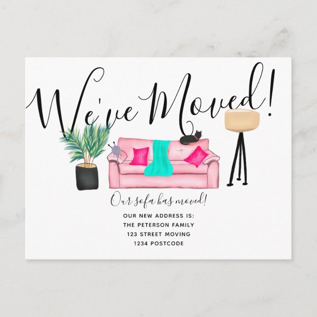 Fun living room illustration moving announcement postcard (Front)