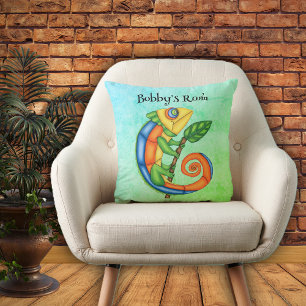 Fun Lizard Bright Colours Stick Leaf on Blue Green Throw Pillow