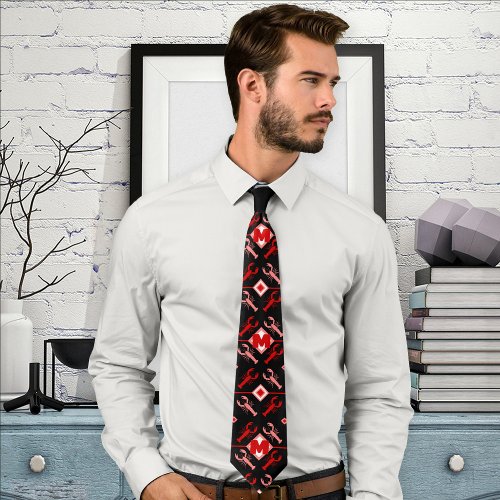 Fun Lobster  Monogram Pattern  Red  Black Neck Tie