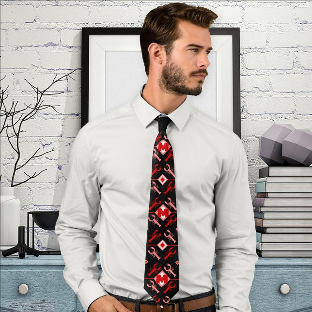 Fun Lobster & Monogram Pattern | Red & Black Neck Tie (Creator Uploaded)