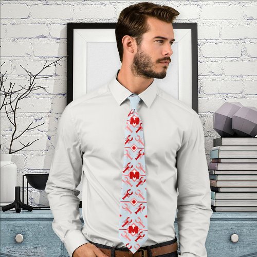 Fun Lobster  Red Monogram Nautical Pattern Neck Tie