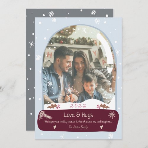 Fun love and hugs photo snow globe illustration holiday card