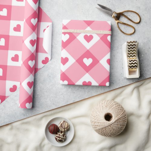 Fun Love Pink And White Heart Plaid  Pattern  Wrapping Paper