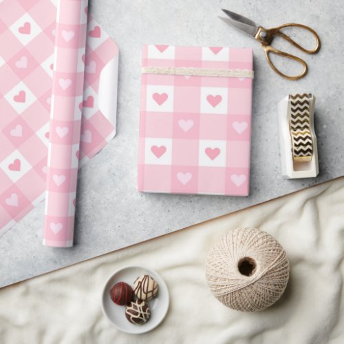 Fun Love Pink And White Plaid Heart Pattern  Wrapping Paper