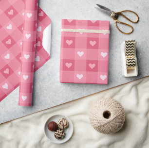 Fun Love Pink Heart Checkered Pattern Wrapping Paper