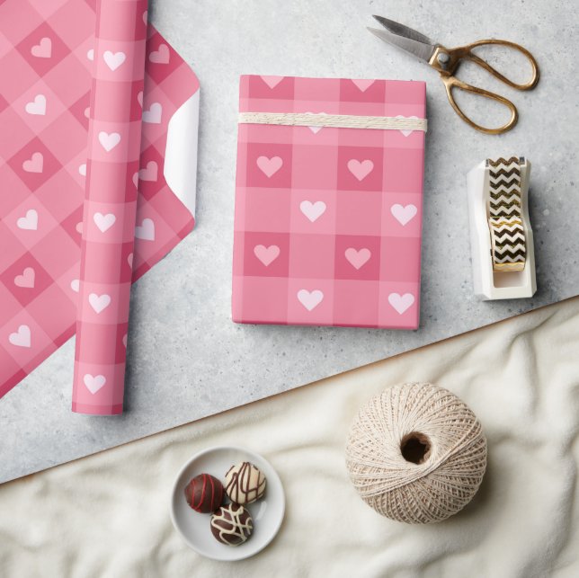 Fun Love Pink Heart Checkered Pattern  Wrapping Paper (Crafts)