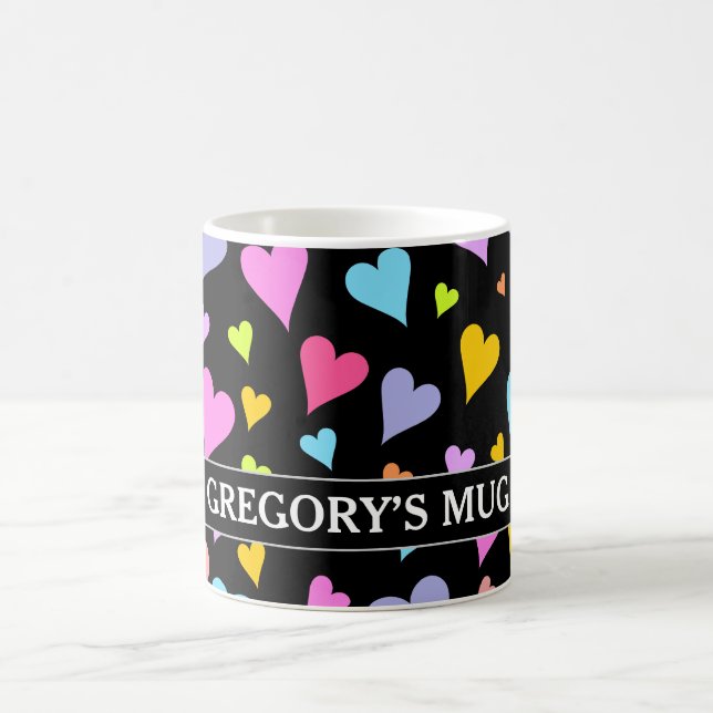 Fun, Loving, Colorful Hearts Pattern + Custom Name Coffee Mug (Center)