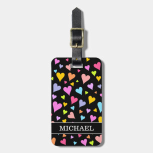 Fun, Loving, Colorful Hearts Pattern + Custom Name Luggage Tag