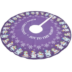 Fun Loving Snowmen and Snowflakes Purple Brushed Polyester Tree Skirt