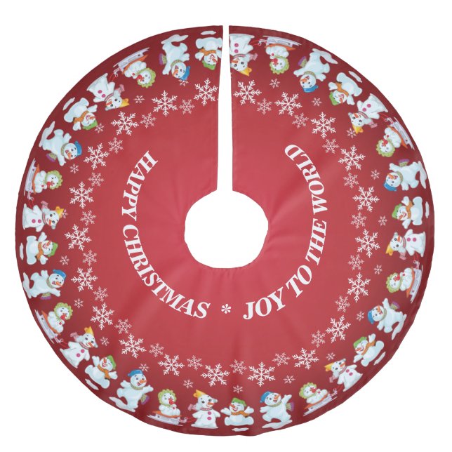 Fun Loving Snowmen and Snowflakes Red Brushed Polyester Tree Skirt (Front)