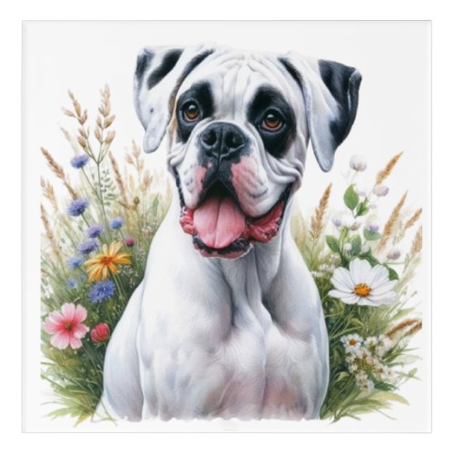 Fun Loving White Boxer Dog in the Flowers Acrylic Print