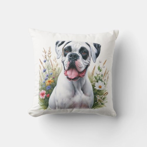 Fun Loving White Boxer Dog in the Flowers Throw Pillow