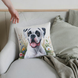 Fun Loving White Boxer Dog in the Flowers Throw Pillow