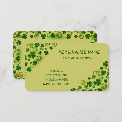 Fun Lucky Green Four Leaf Clover Gold Horseshoe Business Card
