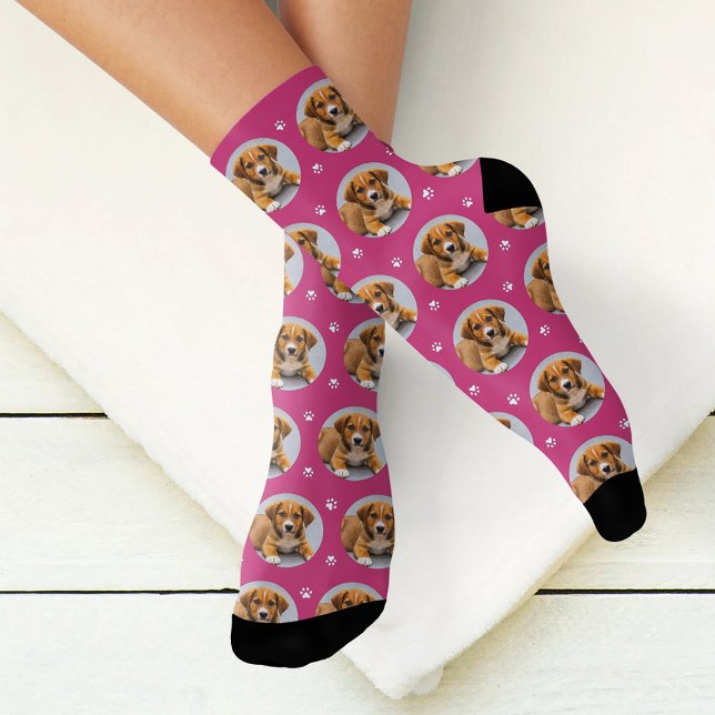 Fun Magenta Custom Dog Photo Paw Print Socks (Creator Uploaded)