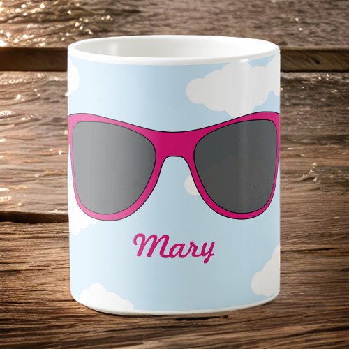 Fun Magenta Sunglasses Against Blue Sky Coffee Mug