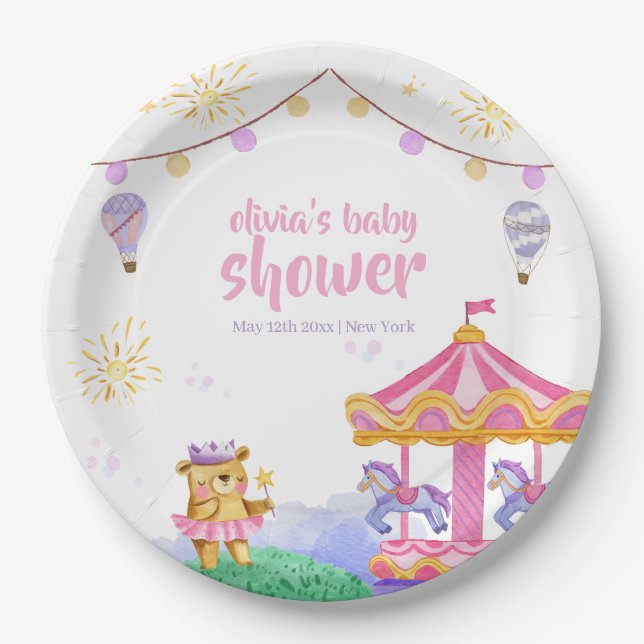 Fun Magical Hot Air Balloon Carousel Baby Shower Paper Plates (Front)