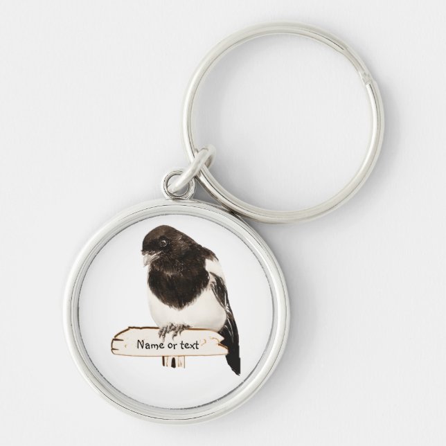 Fun Magpie Bird with Custom Name or text Keychain (Front)