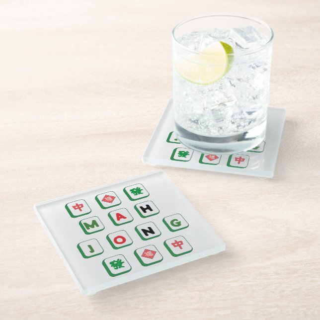 Fun mahjong lover green and red mah jongg tile glass coaster (Angled)