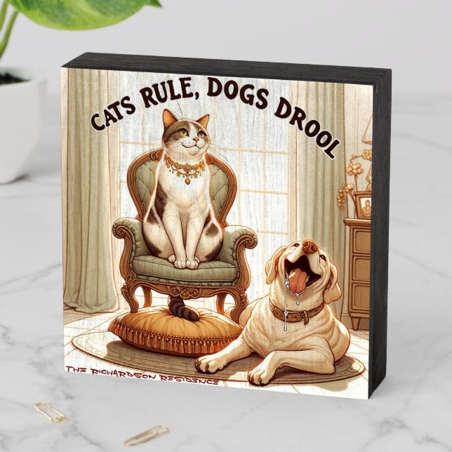 Fun Majestic Cat and Friendly Dog Wooden Box Sign (In Situ Horizontal)