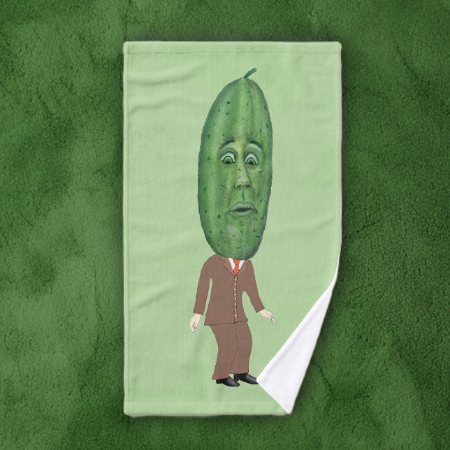 Fun Man Brown Suit Big Green Pickle Head Face Hand Towel (Funny man brown suit with big green pickle head with face on green bath hand towel.)