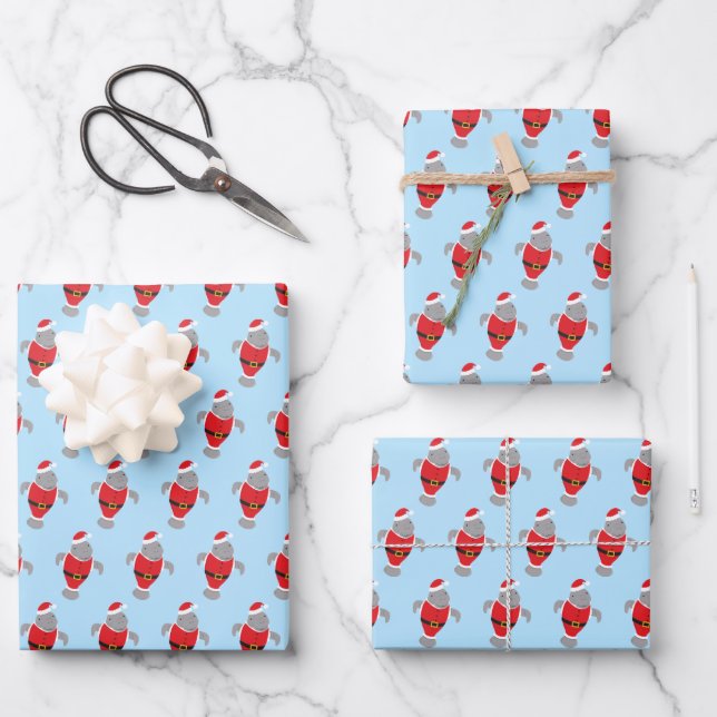 Fun Manatee Santa Animal Novelty Christmas Wrapping Paper Sheets (Front)