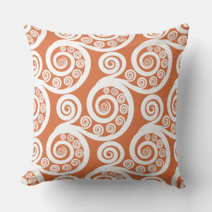 Fun Mandarin & White Fern Frond Swirl Throw Pillow