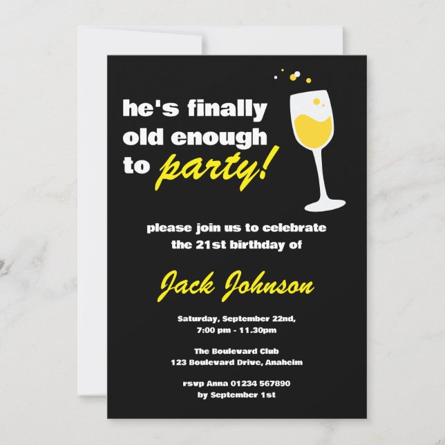 Fun Man's Black 21st Birthday Invitation (Front)