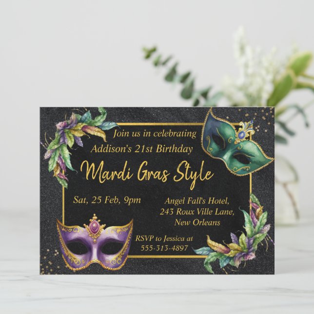 Fun Mardi Gras Birthday Card Invitation (Standing Front)