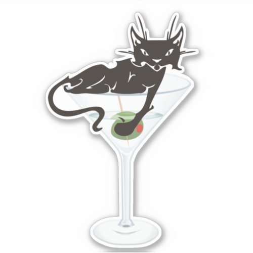 Fun Martini Cocktail Cat Black retro Kitty Sticker