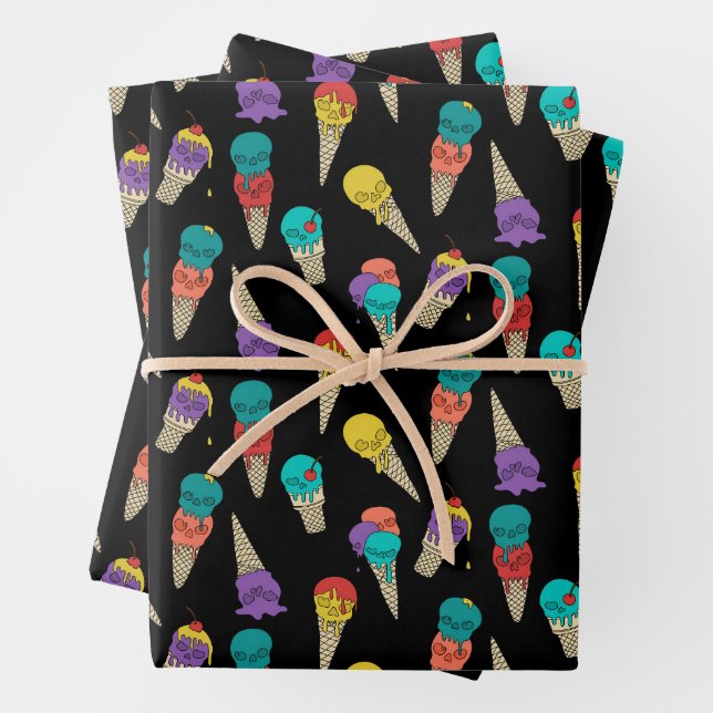 Fun Melty Summer Goth Skull Ice Cream jewel black Wrapping Paper Sheets (In situ)