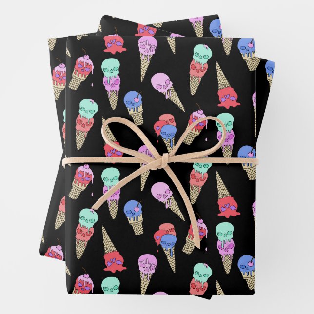 Fun Melty Summer Goth Skull Ice Cream pastel black Wrapping Paper Sheets (In situ)