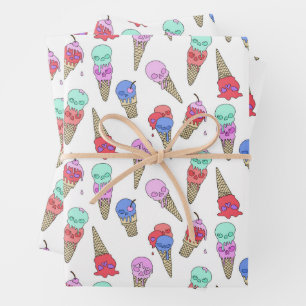 Fun Melty Summer Goth Skull Ice Cream pastel white Wrapping Paper Sheets