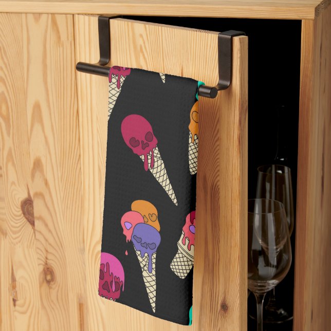 Fun Melty Summer Goth Skull Ice Cream weird black Kitchen Towel (Thirds Fold)